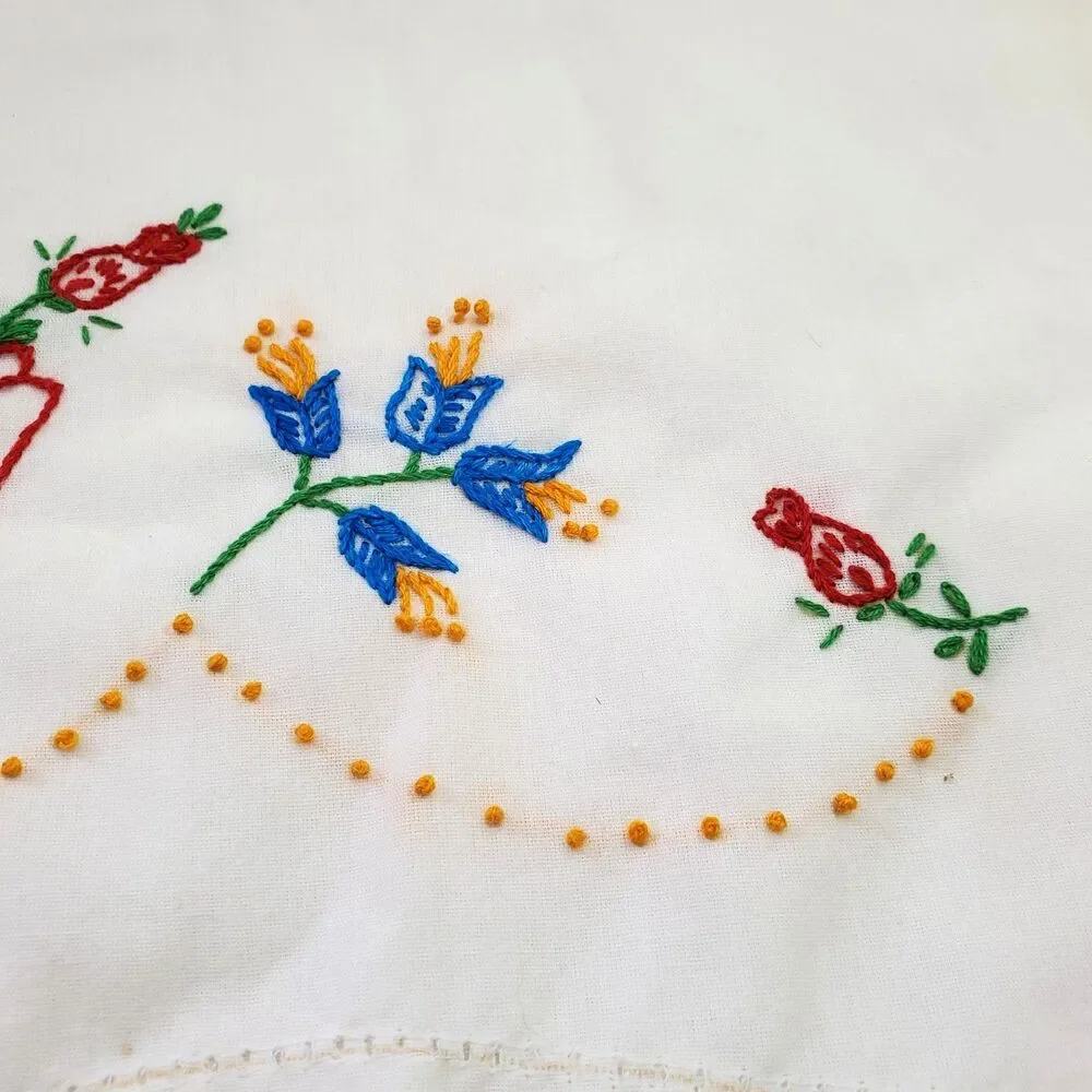 Vintage Hand Embroidered Floral Pillowcases White Cotton Pair 2 Cottagecore